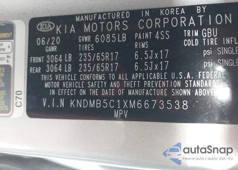 2021 Kia Sedona Lx из США, поврежденный, VIN KNDMB5C1XM6673538